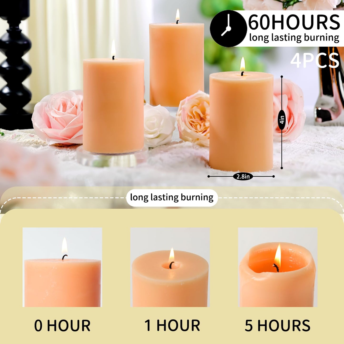 4 Pack Vanilla Lavender Scented Pillar Candles,Natural Soy Wax Pillar Candles-2.8x4In,60H Long Lasting Burning Fragrance Candles for Home,Spa,Stress Relief & Wedding（Peach Pink）