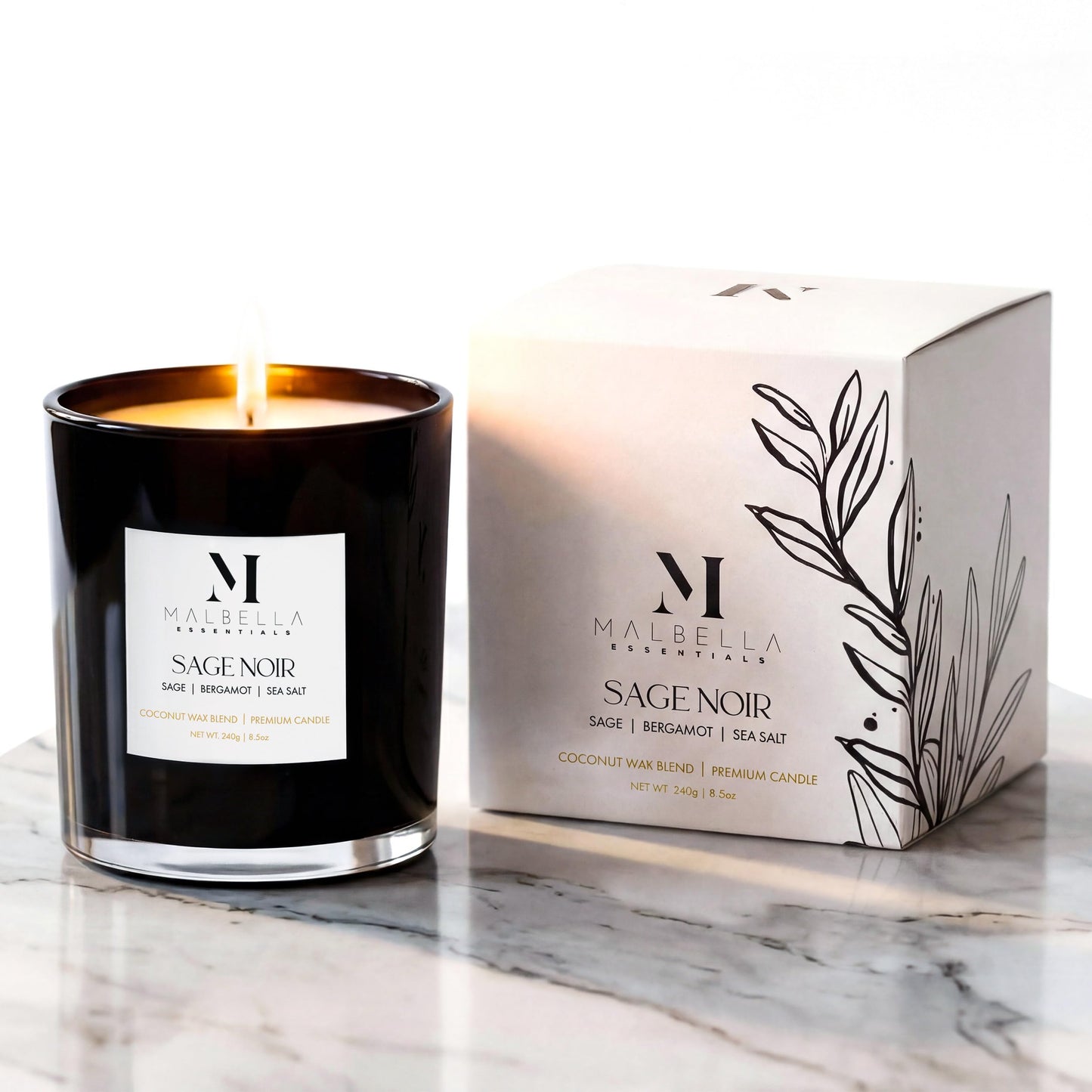 Malbella Essentials Sage Noire Luxury Scented Candle for Women & Men | 8.5 oz Hand-Poured Coconut Wax Blend | Modern Self-Care Aromatherapy Candle | 50 Hr Burn | Gift-Ready Glossy Glass Vessel