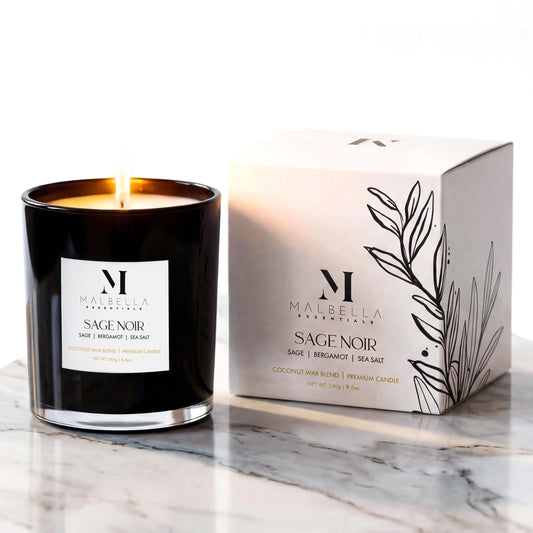 Malbella Essentials Sage Noire Luxury Scented Candle for Women & Men | 8.5 oz Hand-Poured Coconut Wax Blend | Modern Self-Care Aromatherapy Candle | 50 Hr Burn | Gift-Ready Glossy Glass Vessel