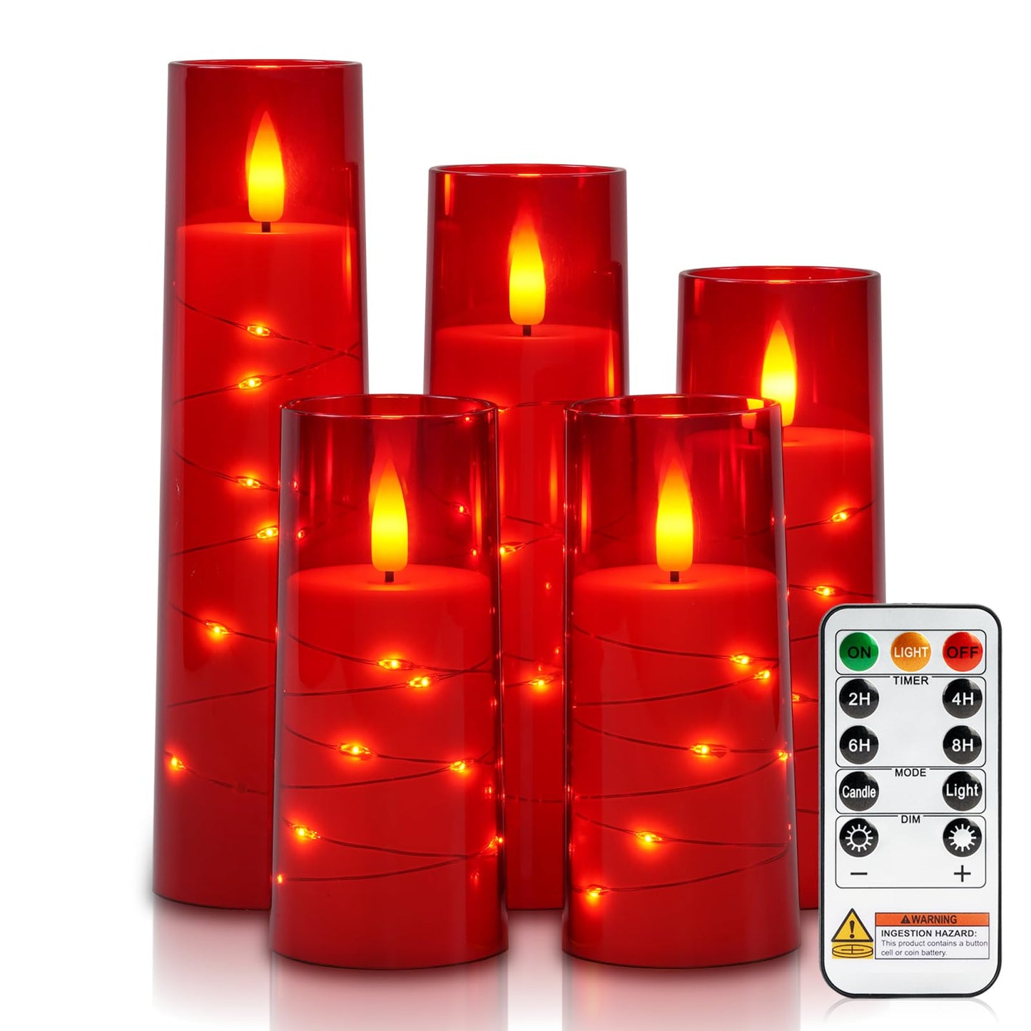 Raycare Flameless Candle with Remote Timer – 5 Flickering Acrylic Battery Operated LED Pillar Candles with Embedded Star String for Halloween, Home Decor, and as a Gift(Red)