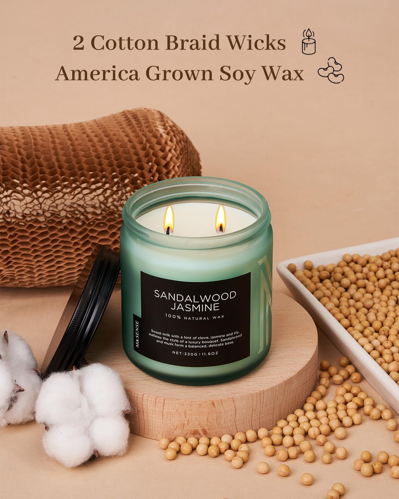 M&SENSE Sandalwood Jasmine Home Scented Candles, 11.6oz Organic Natural Soy Wax, 70 Hours Long Lasting Slow Burning, Non Toxic Clean Burn, Spring Floral Smelling for Meditation Relaxation