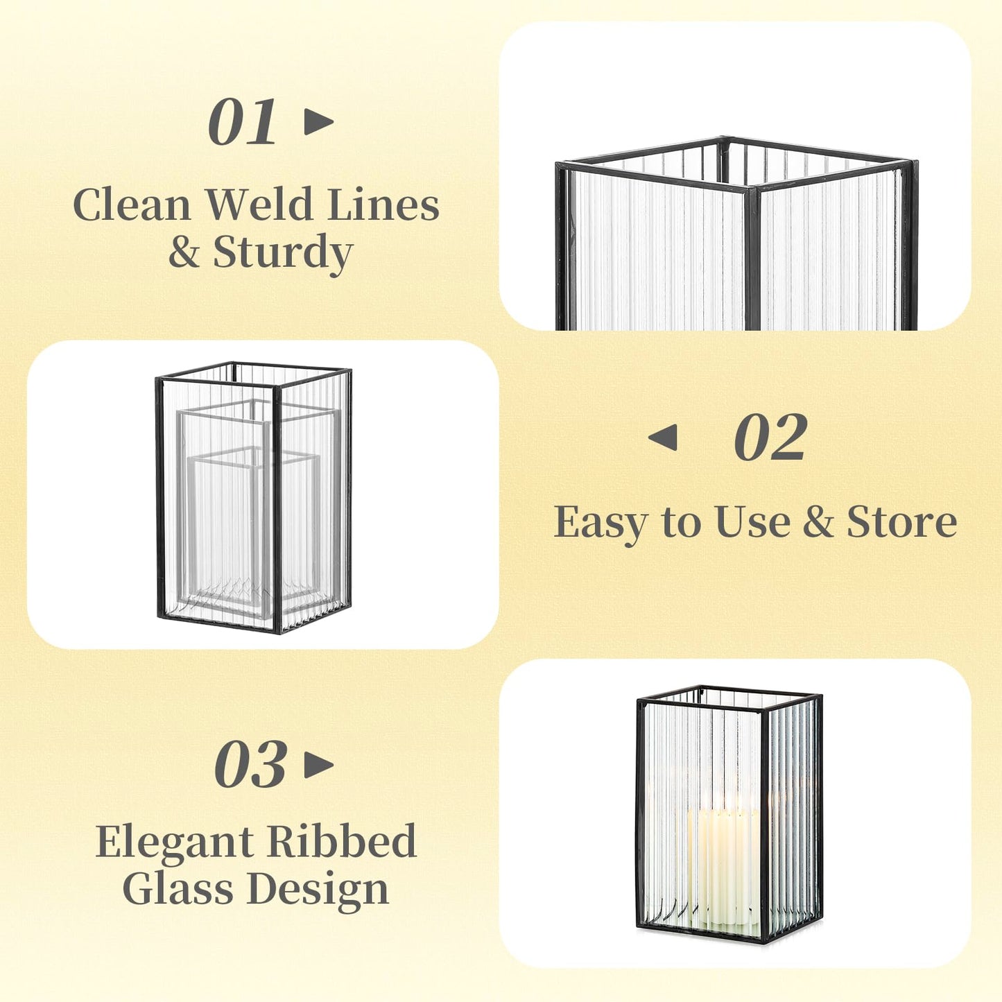 Hewory Black Hurricane Candle Holder: 6 PCS Ribbed Hurricane Glass Candle Holders for Pillar Candles, Square Pillar Candle Holders for Table Centerpiece Wedding Christmas, Home Decor for Kitchen Patio