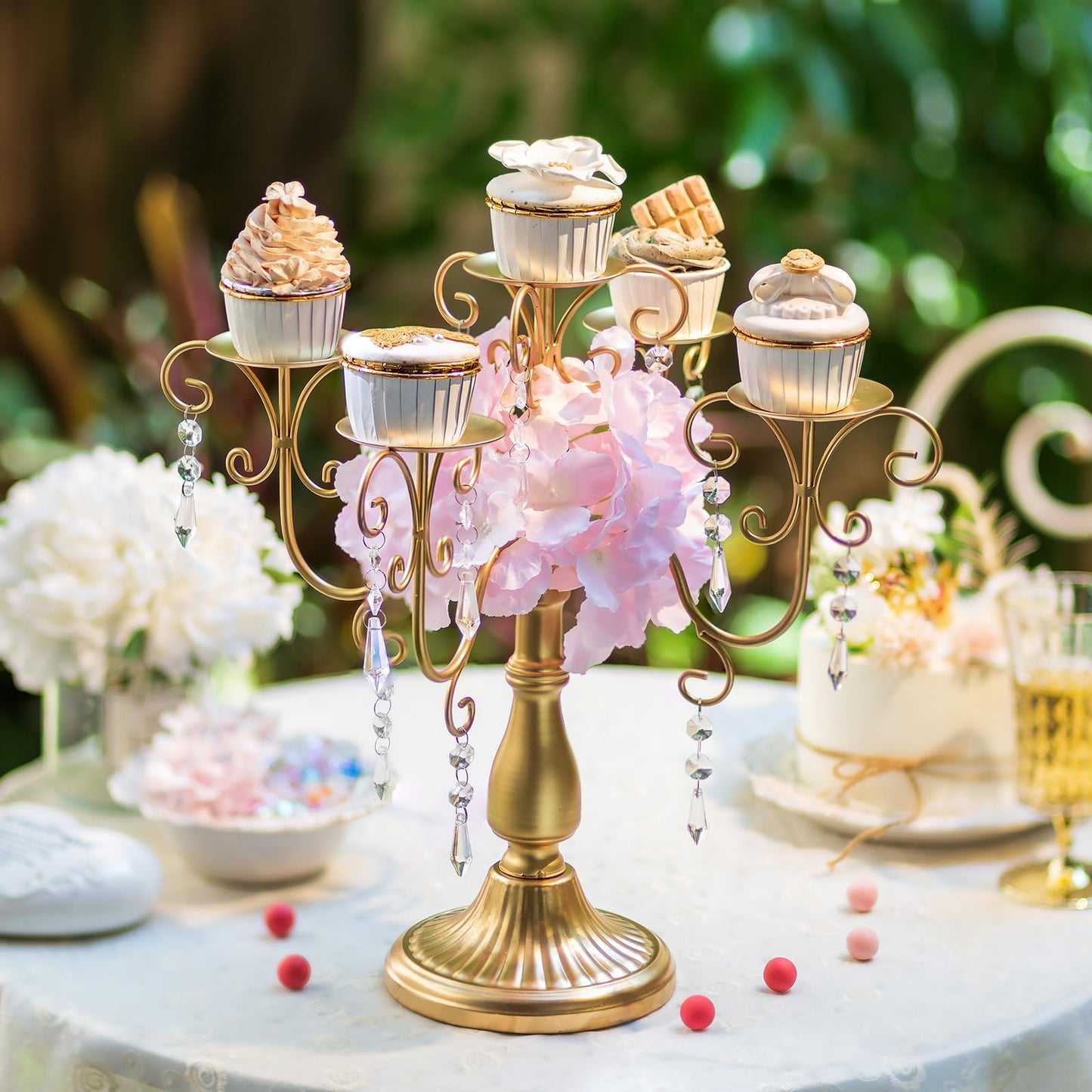 Sziqiqi Candelabra Centerpieces Gold Candle Holder - 5 Arm Pillar Candle Holders with Crystal Beads for Christmas Table Centrepiece Halloween Wedding Candleholders Decoration