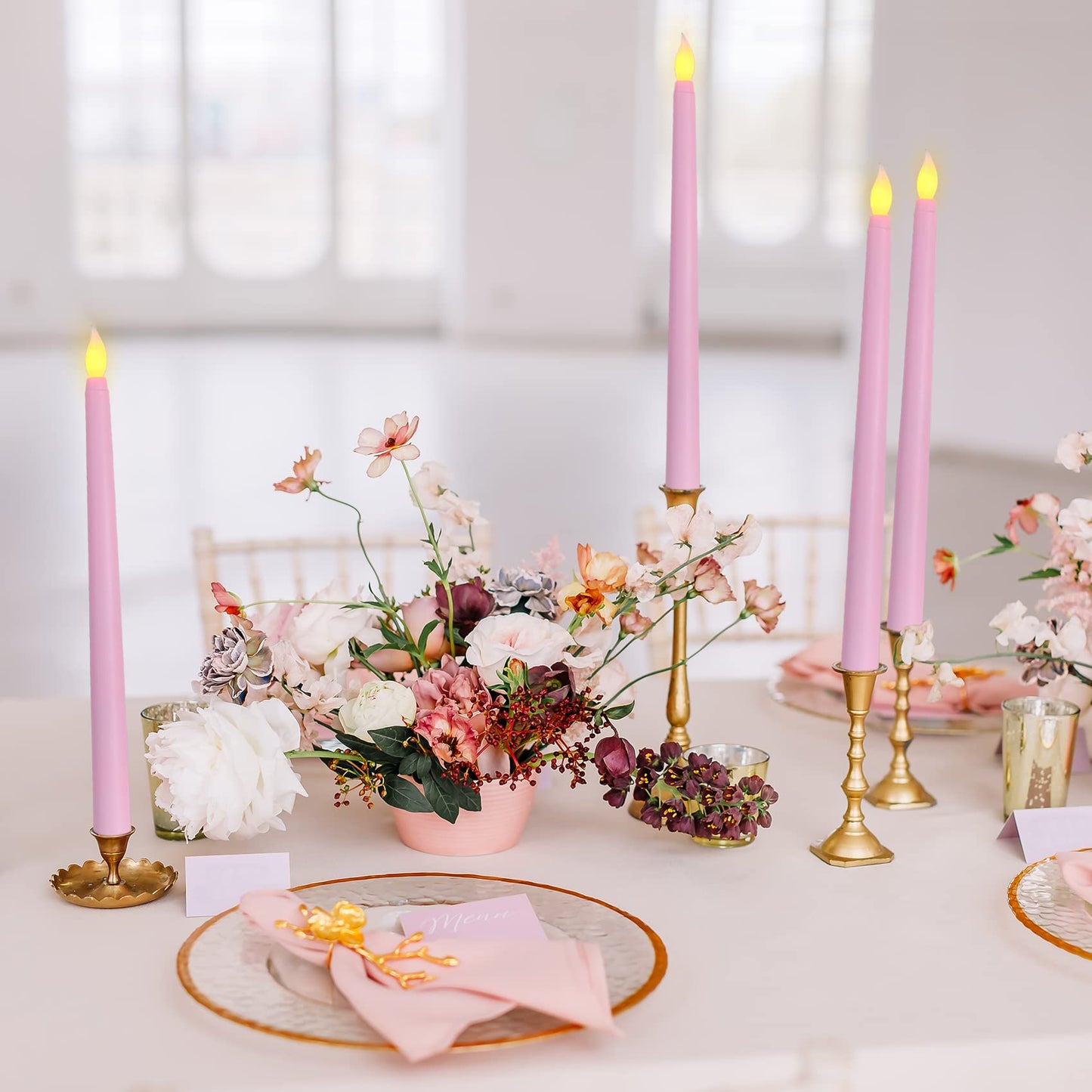 Ni-JASW Pink Flameless Taper Candles with Remote, Battery Powered Flickering LED Candlesticks Set of 4