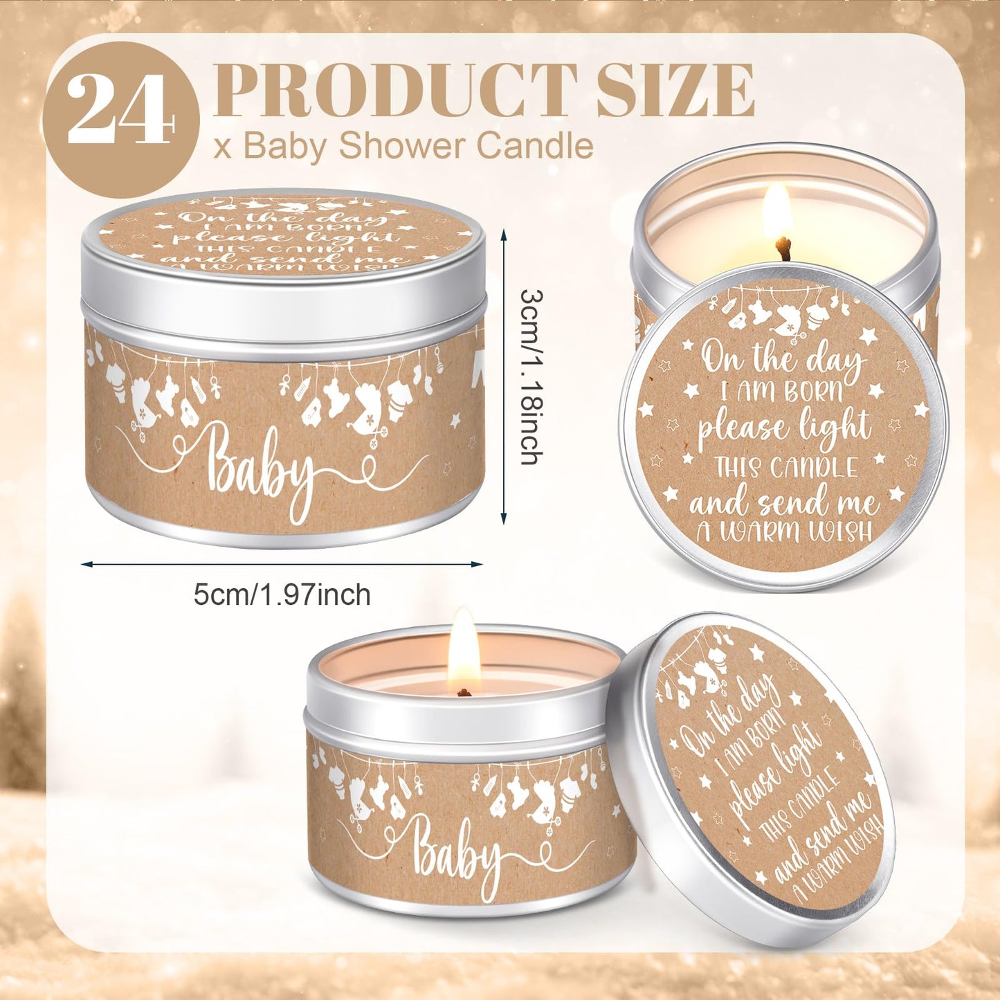MTLEE 24 Pcs Kraft Paper Baby Shower Party Favors Candles Lavender Scented Baby Shower Favors for Guests Rustic Tealights Candles Gender Reveal Return Gifts (1.2 oz, Khaki)