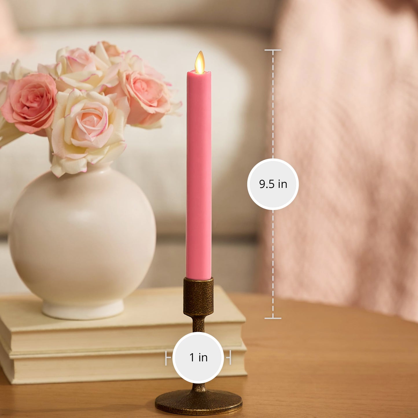 Luminara Flameless Candle Taper (1" x 9.5") Melted Top Real Wax Unscented Remote Ready Timer (Sweet Pink)