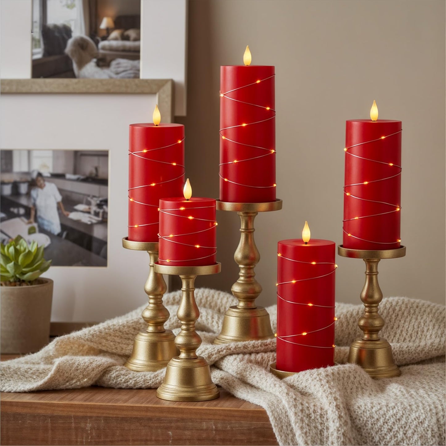 Raycare Independence Day Flameless Candles with Remote Timer, Flickering Battery Operated LED Pillar Fake Candle with String Lights for 4th of July Patriotic Home Decor, Wedding Gift, Red, Set of 5