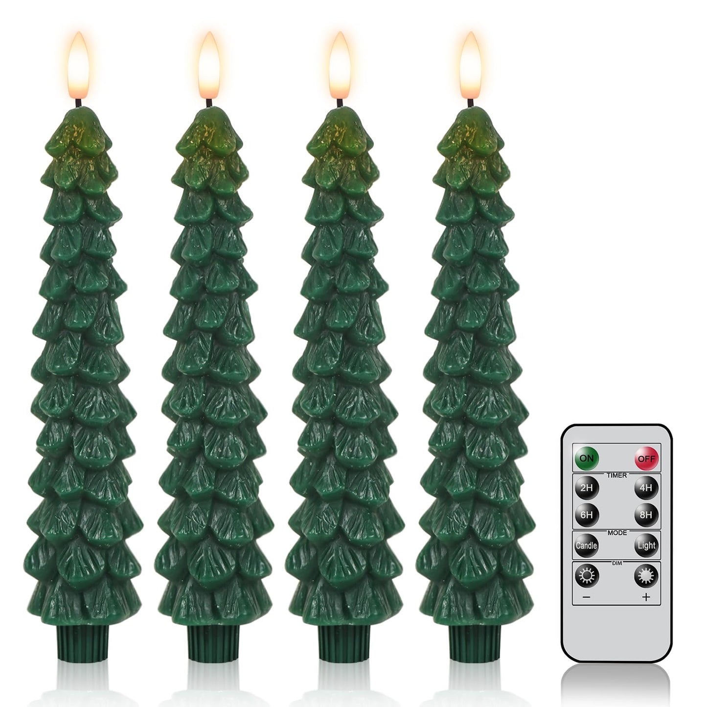 DRomance Christmas Tree Flameless Taper Candles Battery Operated with 10-Key Remote and Timer Real Wax LED Taper Candles 3D Wick Flickering Lifelike Leaves Dinner Xmas Holiday Decoration Set of 4