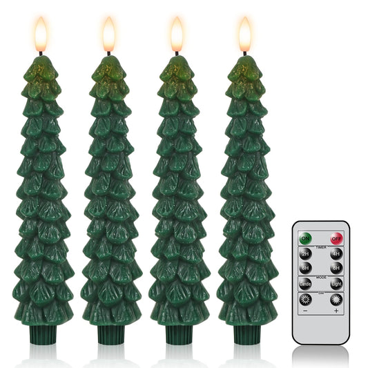 DRomance Christmas Tree Flameless Taper Candles Battery Operated with 10-Key Remote and Timer Real Wax LED Taper Candles 3D Wick Flickering Lifelike Leaves Dinner Xmas Holiday Decoration Set of 4