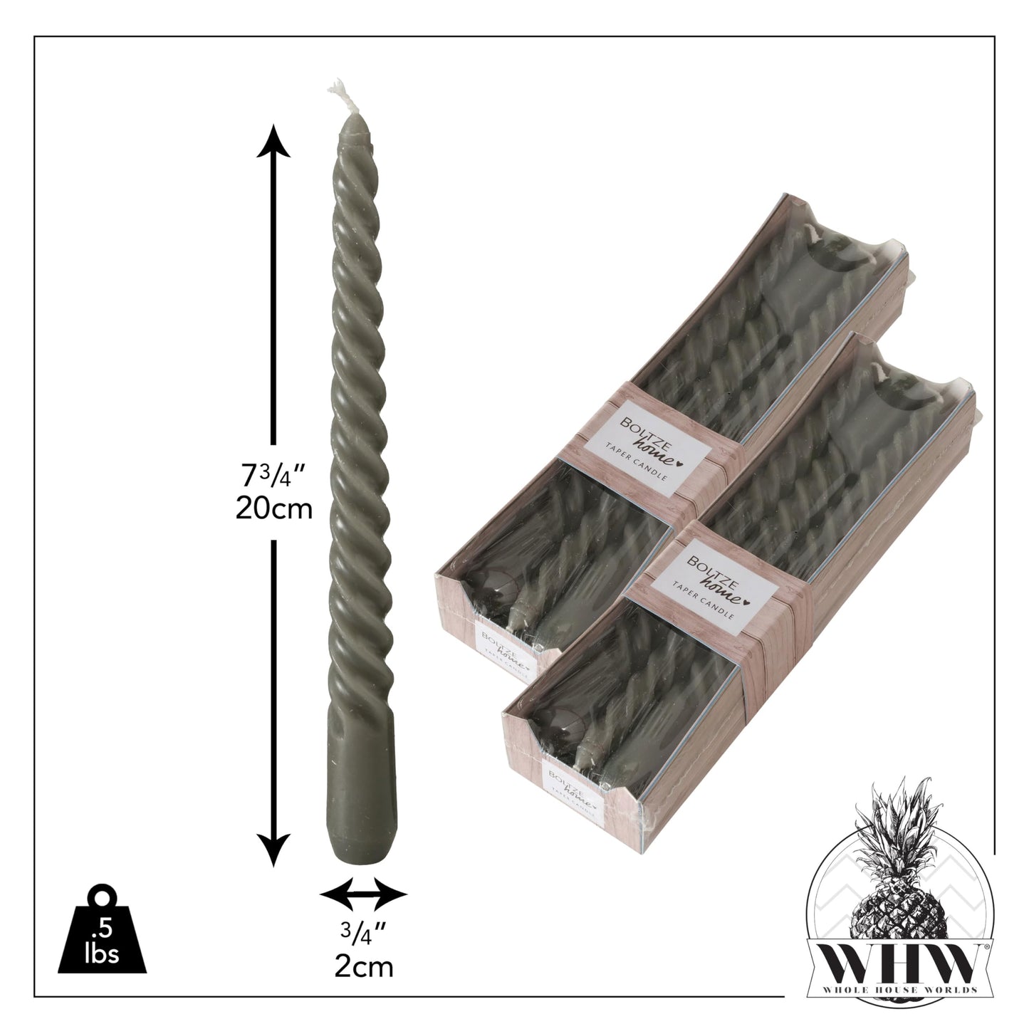 12 Piece Dark Grey Twist Taper Candles, 2 Boxed Sets of 6, 4 Hours Burn Time, Paraffin Wax, 7.75 Inches