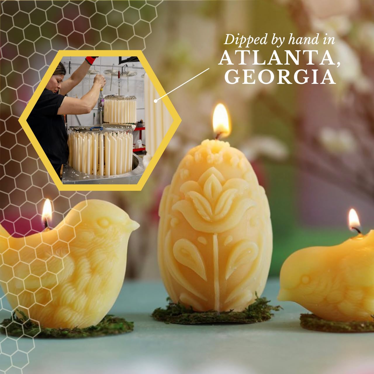 Big Dipper Wax Works Beeswax Egg Pillar Candle, 100% Pure Beeswax, 40 Hour Burn, 3.5 Inch Floral Sculpted Design, Cotton Wick, Unscented Natural Honey Aroma, Spring and Easter Decor