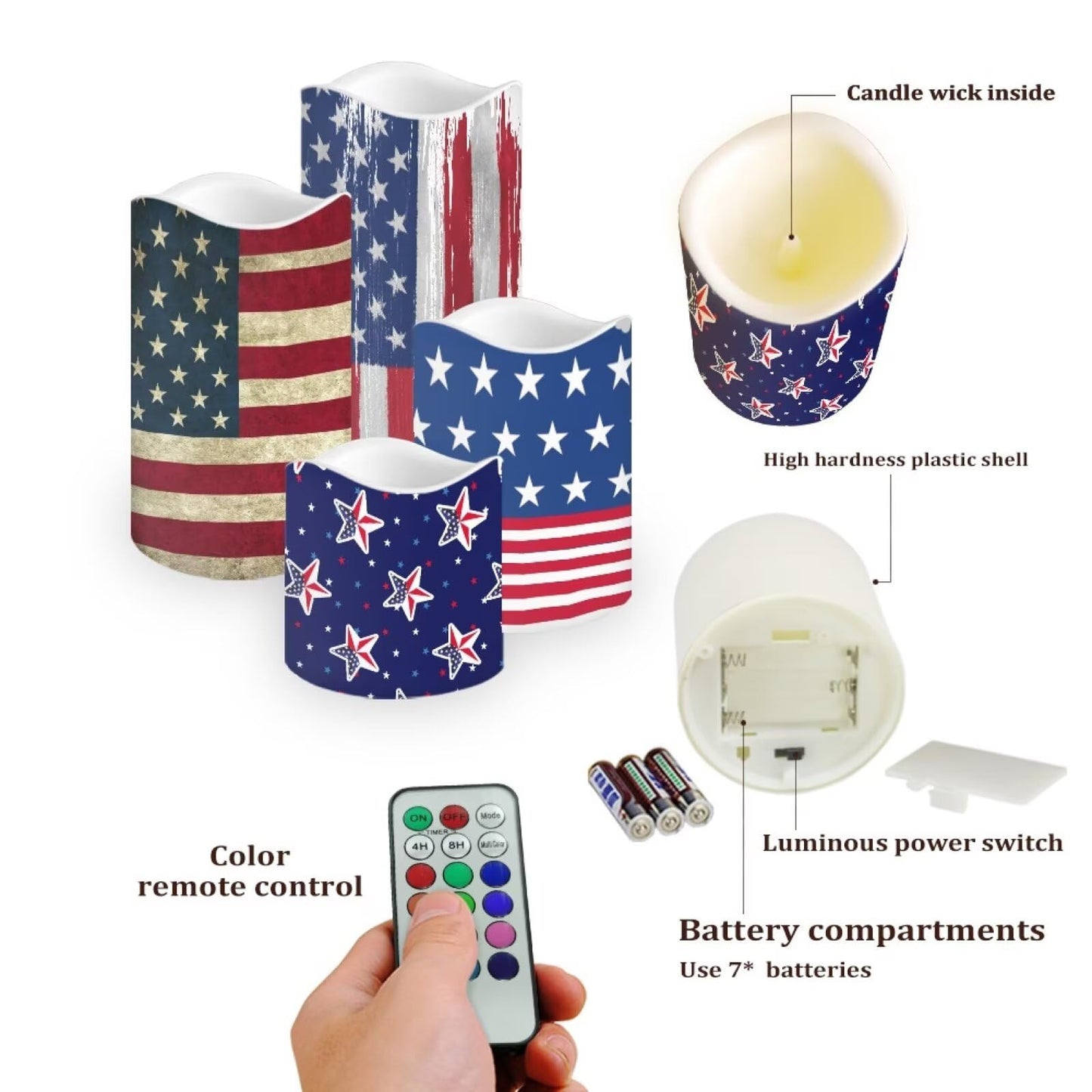 Ystardream 4 Pcs Independence Day Flameless Projector Candle with Remote Timer-American Flag Patriotic Projector Light LED Candles Battery Operated for 4th of July Home Indoor Holiday Party Decoration