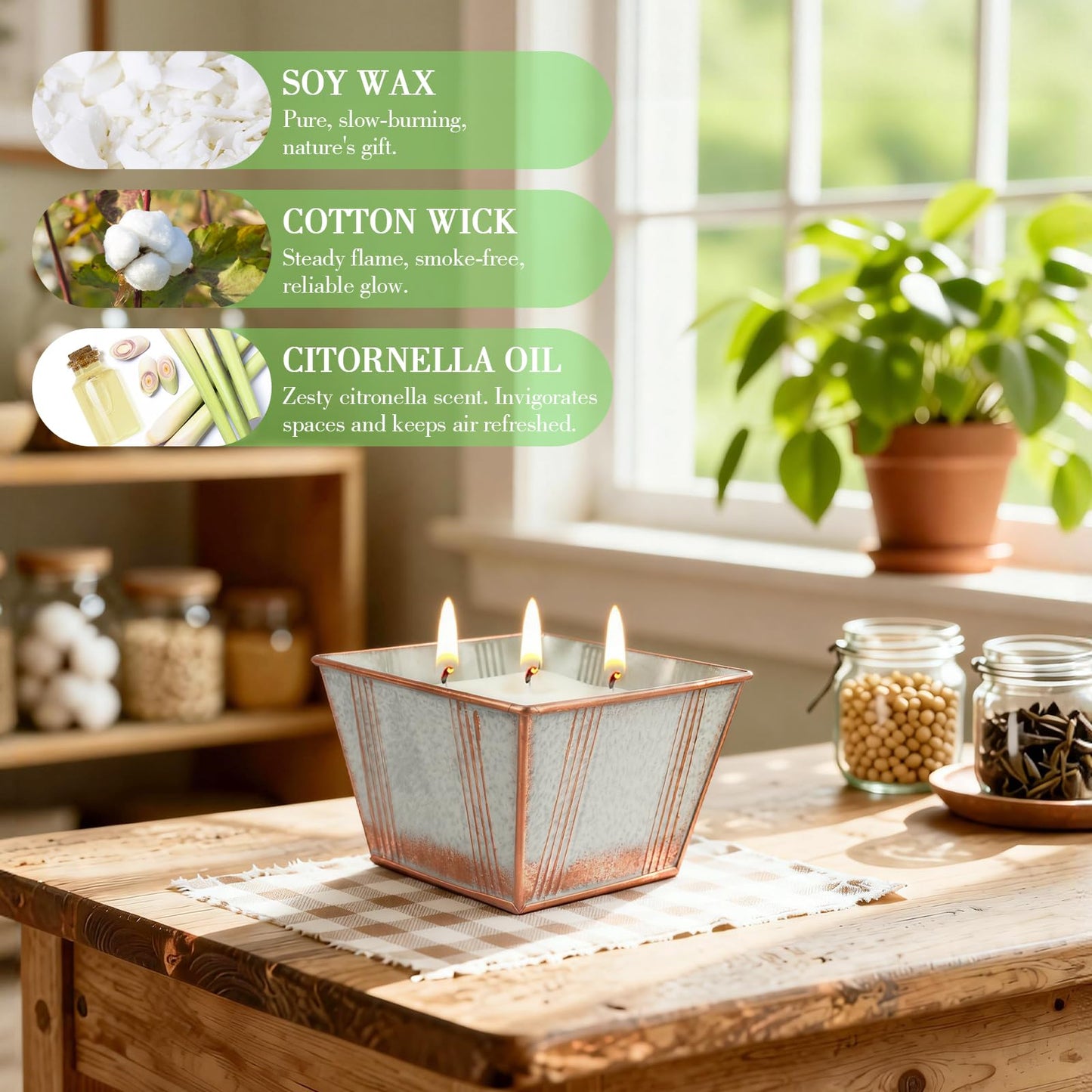 Citronella Candles Outdoor, 24OZ Large Size 3-Wick Citronella Candles, 2 Pack Lemongrass Candle, Natural Soy Wax Candle, 120 Hours Long Burning Candle for Patio Garden Camping Indoor Home Decor