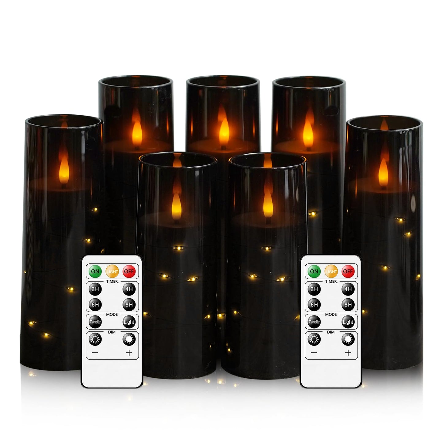Eebuss Flameless Candles with Embedded Star String, Battery Operated LED Pillar Candles with Timer and Remote Control,Home Decorating for Ambiance， Set of 7(Black)