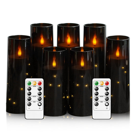 Eebuss Flameless Candles with Embedded Star String, Battery Operated LED Pillar Candles with Timer and Remote Control,Home Decorating for Ambiance， Set of 7(Black)