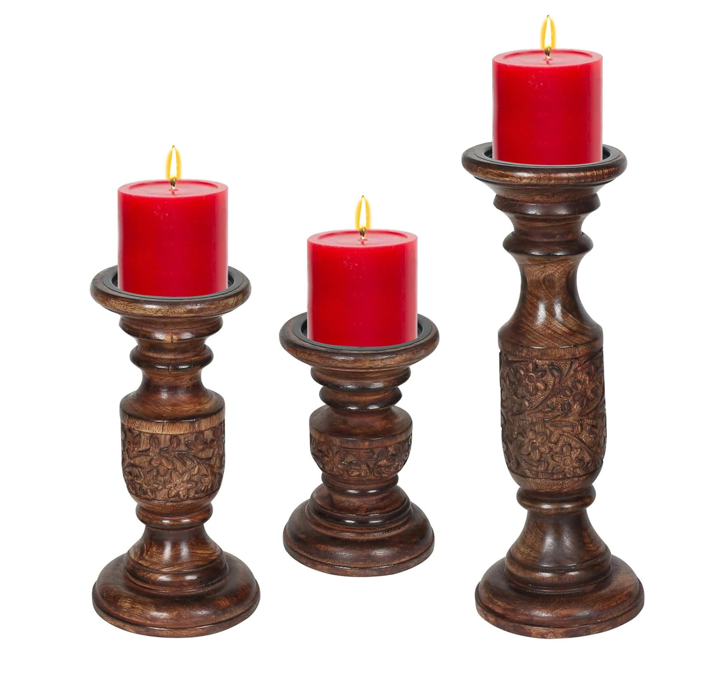 Hand Carved Wooden Pillar Candle Holders - Set of 3 |Carving Decorative Style | Crafted from Mango Wood | Rustic Table Centerpiece Decor | Sized 6", 9" and 12" - Dark Burnt