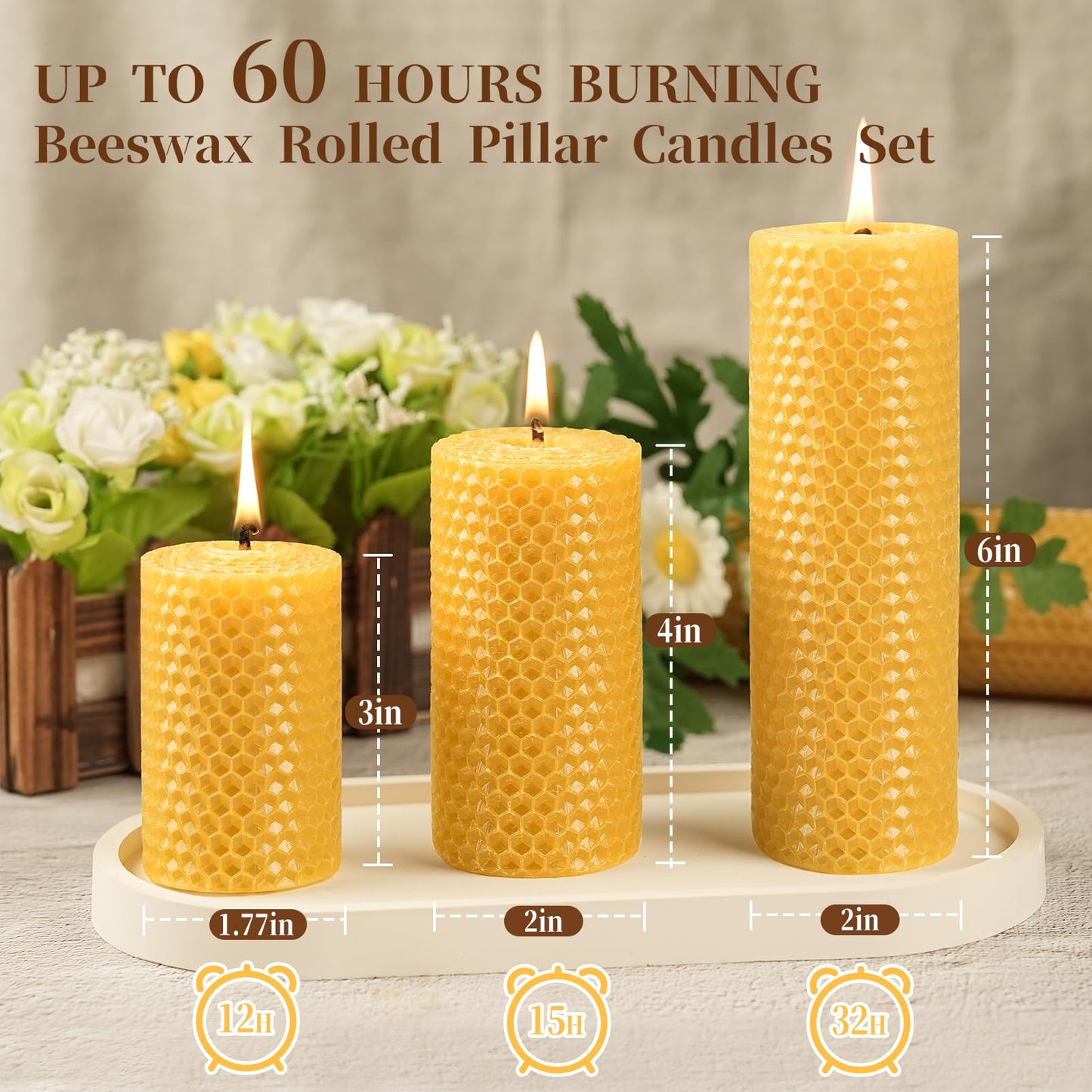 Pure Beeswax Pillar Candles,3 Pack Hand-Rolled Natural Beeswax Candles(1.77x3in,2x4in,2x6in) 60 Hours Burning Unscented Bees Wax Candle for Home,Smokeless&Dripless Pillar Candle for Meditation,Wedding
