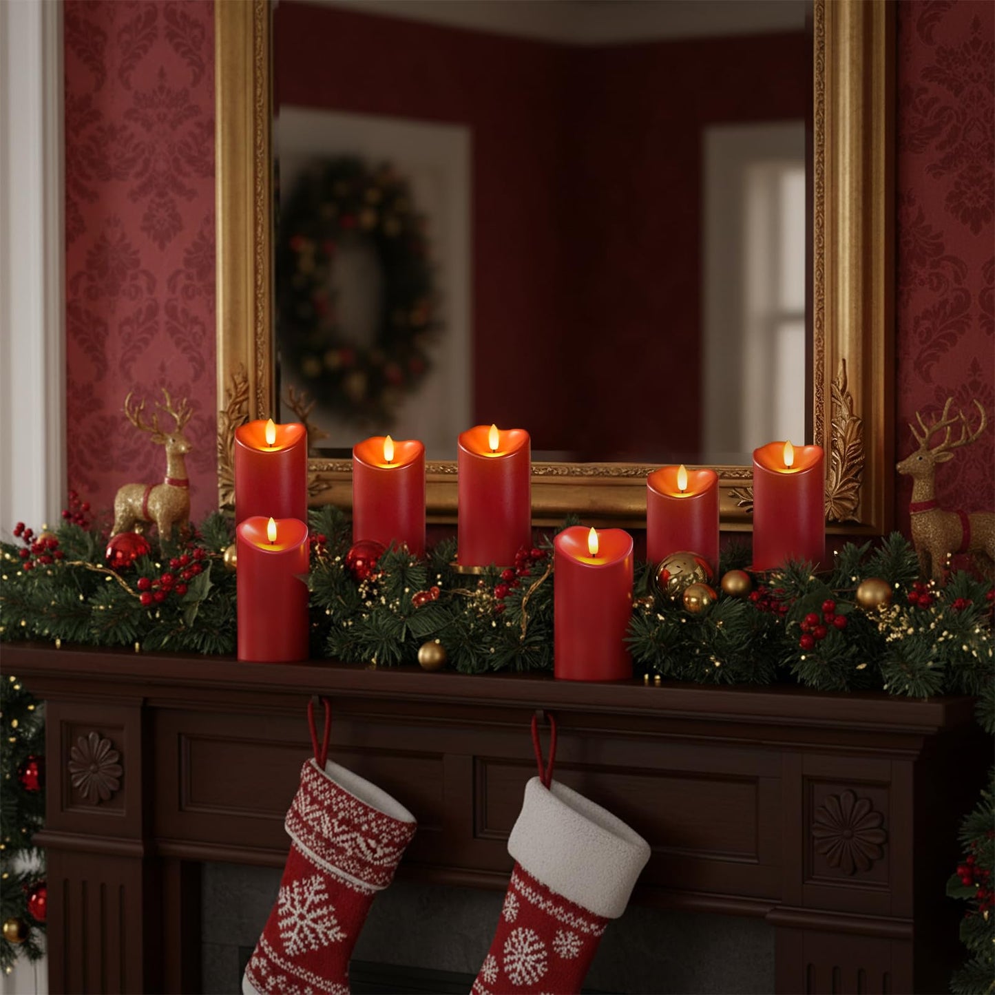 Homemory Burgundy Flameless Candles, Waterproof Flickering Candles, Outdoor Battery Operated LED Pillar Candles with Remote Timer, Electric Fake Plastic Candles, Red, Christmas Decor, 3" x 6"