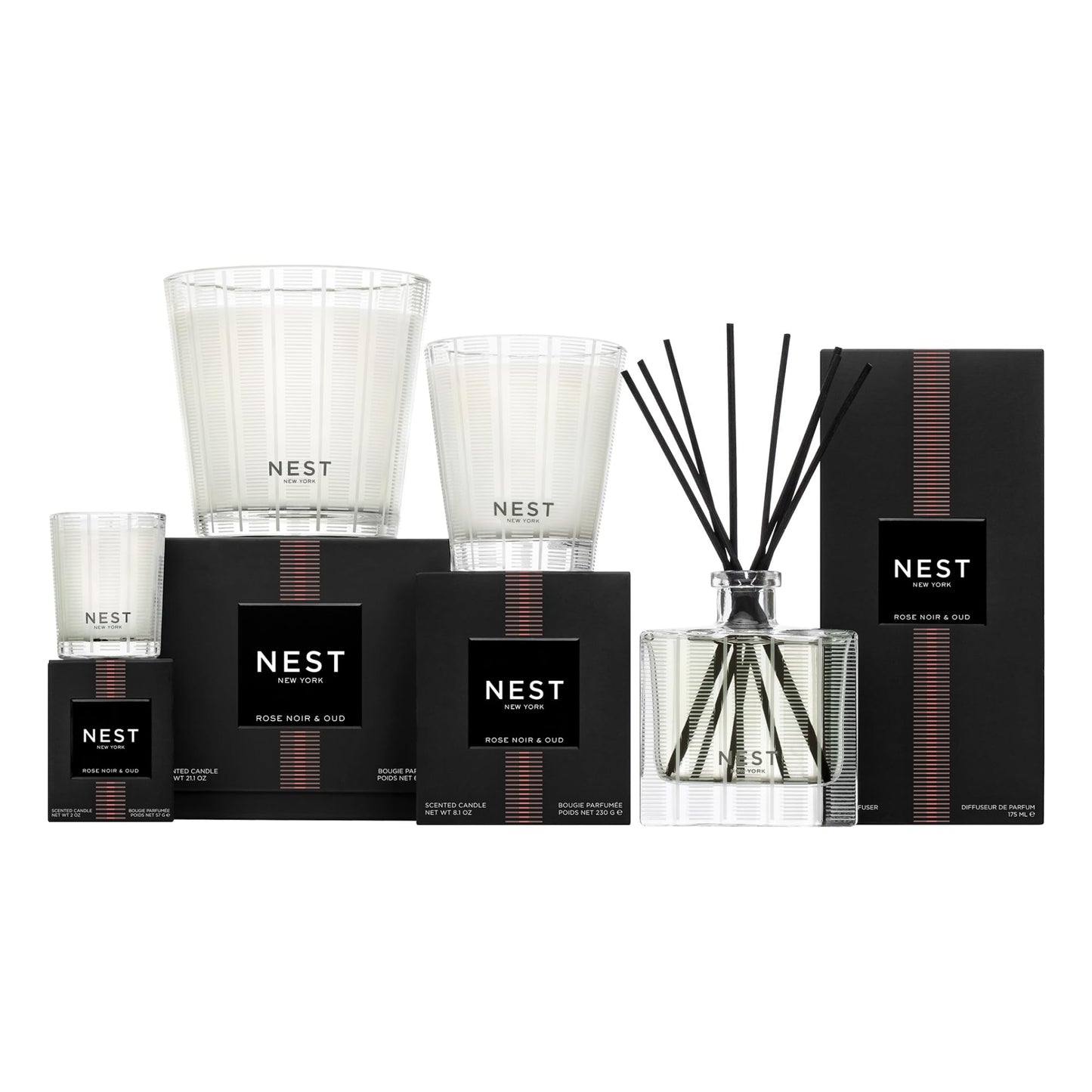 NEST New York Scented 3-Wick Candle, Rose Noir & Oud - 21.2 oz - Up to 100-Hour Burn Time - Reusable Glass Vessel