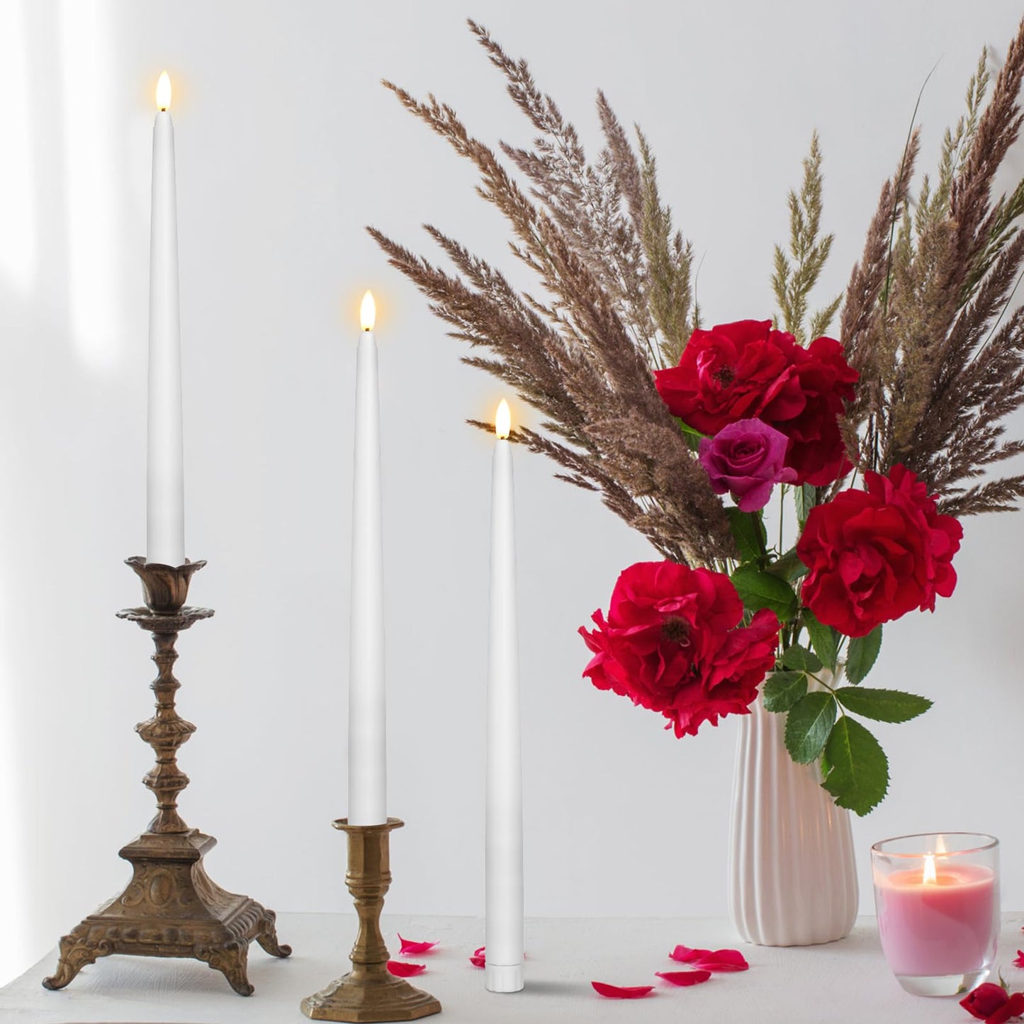 Baquler 100 Pcs Extra Long Flameless Taper Candles 12.4 inch Battery Operated Taper Candle Bulk LED Flickering White Candlesticks for Wedding Church Table Centerpiece Halloween Christmas Party Decor