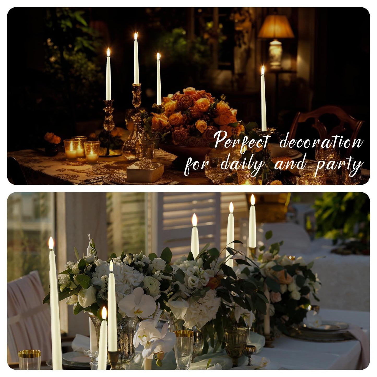 Baquler 40 Pcs Flameless Taper Candles LED Flickering Taper Candlesticks Bulk Battery Operated Flameless Candle for Wedding Halloween Christmas Birthday Decoration, 8.5/9.7/10.8/12.8 Inch (Ivory)