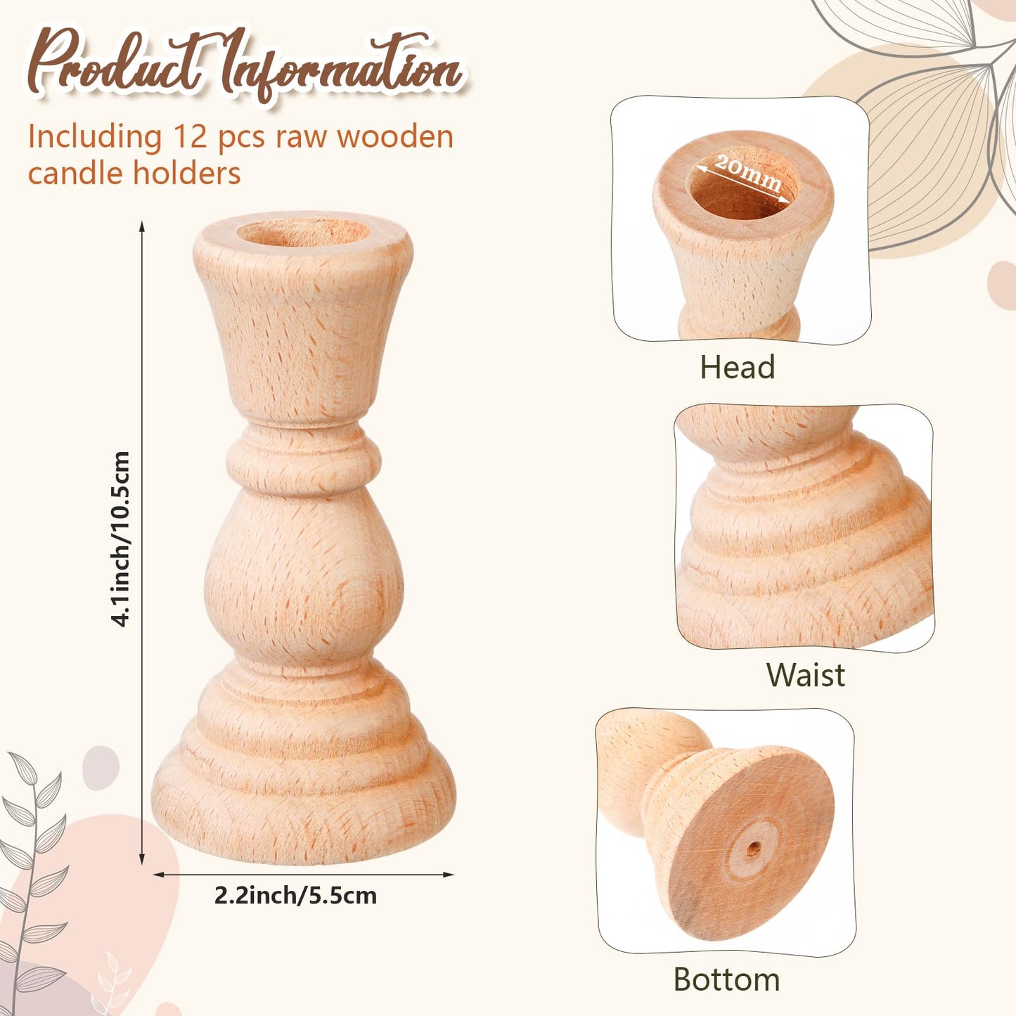 Nitial 12 Pcs Wood Candlestick Holders Unfinished Classic Wooden Candle Holders Small Unfinished Candlestick for Crafts DIY Xmas Christmas Gift Decoration (4 Inch)