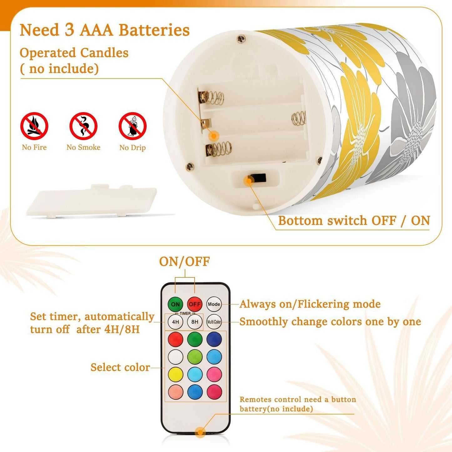 LFICRTAN Gray and Yellow Flower Flameless Candles Battery Operated Color Changing LED Candles with Remote Control Timer Outdoor Indoor 2 Pack