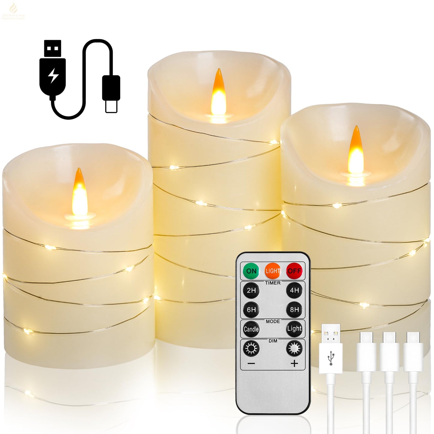 haitanghua Rechargeable Flameless Candles Set of 3, Real Wax LED Pillar Candles with Flickering Flame & Fairy String Lights, USB Rechargeable, Remote Control & 2/4/6/8H Timer, Ivory