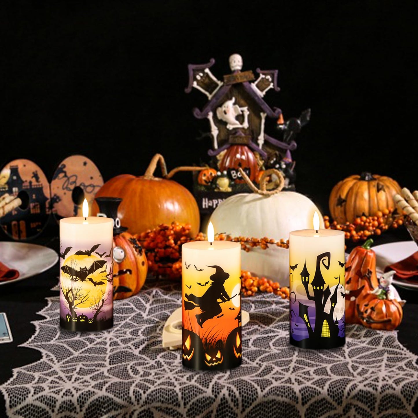 DRomance Halloween Flameless LED Candles Battery Operated with Remote and Timer, Real Wax Flickering Pillar Candles 3D Wick Dimmable Light Castle Witch Bats Halloween Decor(3 Pack, 3 x 6 Inches)