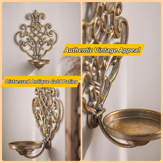 Gold Wall Sconce Candle Holder - Antique Crown Design Foldable Metal Candle Holder for Pillar Candles, Vintage Hanging Wall Decor for Living Room Bedroom Dining Room Kitchen - 10.6×7.9×4.7 Inch