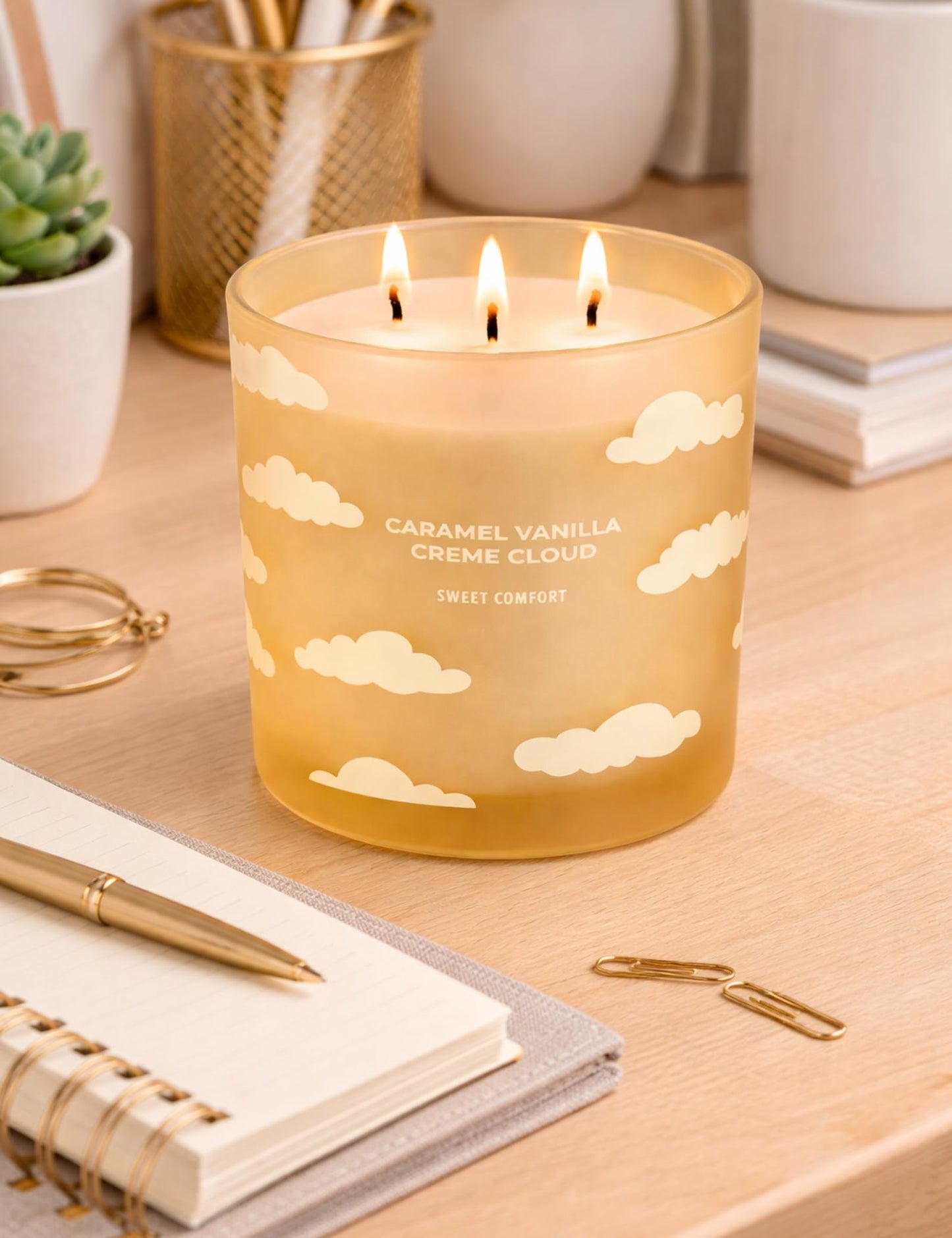 Caramel Vanilla Creme Scented Candle | Large 3 Wick Scented Soy Candle for Home | 14.5oz Warm Vanilla Caramel Candle | Creme Brulee Toffee Candles | Long Lasting Clean Burn | Gift for Women & Men