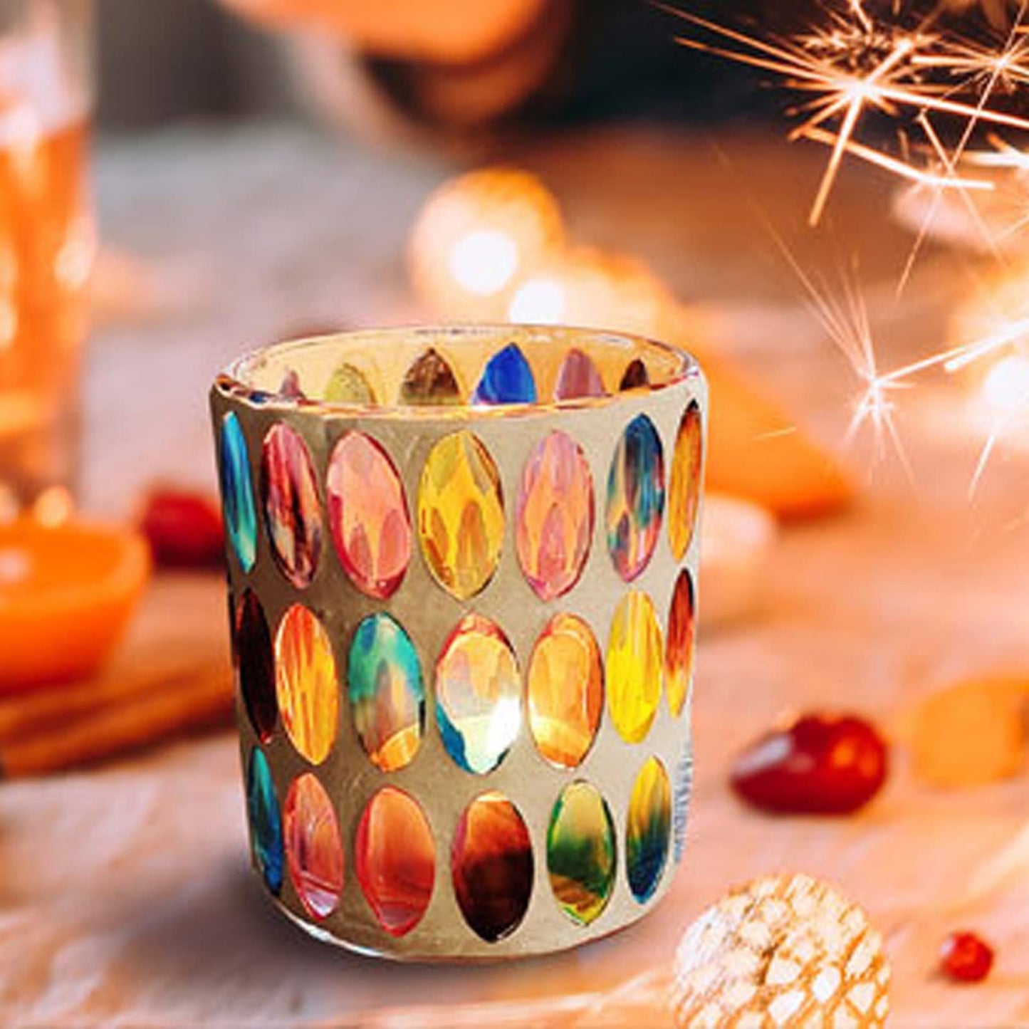 Glass Candle Holders, Mosaic Tea Light Holder Colorful Glass Vivid Luster Tealight Votive Holder Cup Vivid Luster Pen Holder for Bedroom, Office, Cafe, Restaurant, and Bar