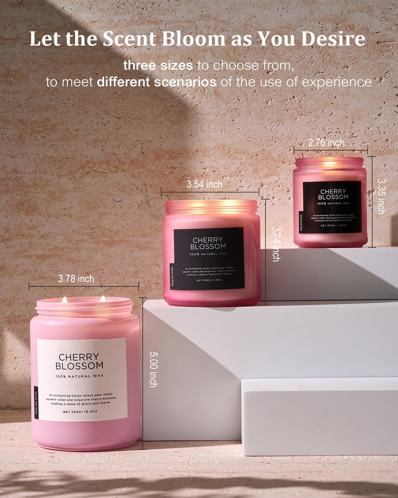 M&SENSE Large Cherry Blossom Scented Candle, 19.4oz Natural Soy Wax, 110-Hour Long Lasting, Non-Toxic Clean Burn, Spring Floral Scent for Relaxation, Home Fragrance Stress Relief Gift for Her