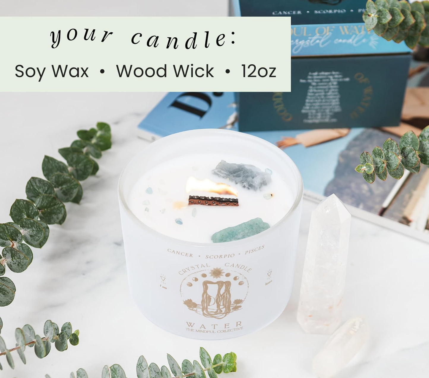 Pisces, Cancer, Scorpio Gifts for Women - 12oz Wood Wick Candles that Crackle with Crystals and Healing Stones. Healing Crystal Candles for Women Home Scented. Soy Wax, for Zodiac Birthdate