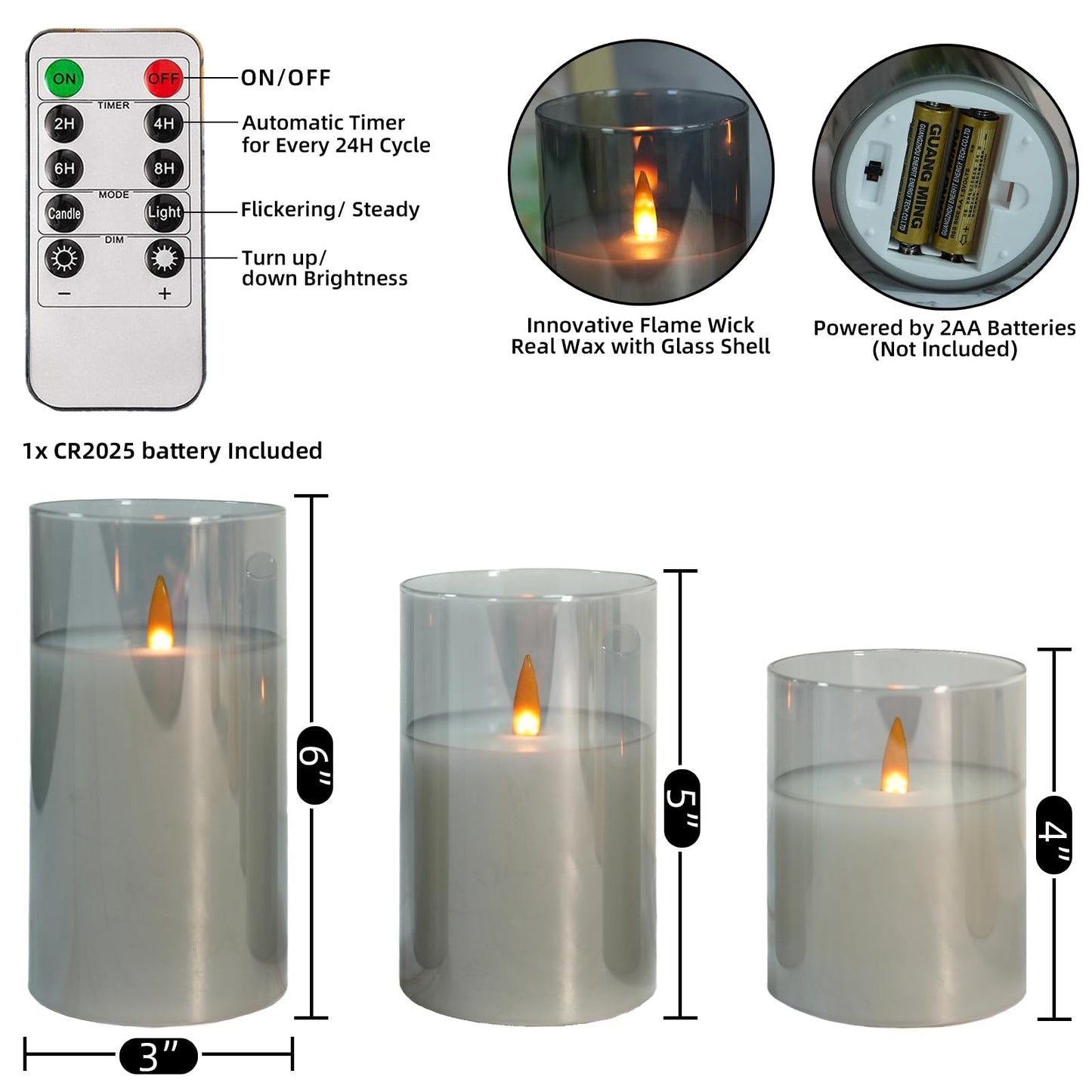 NICEME Clear Glass Flameless Candles Battery Operated with Remote Timer, Real Wax LED Pillar Candles with Flickering Flame Pure White Radiance Evanescing Fake Candles for Wedding Home Decor, Set of 3