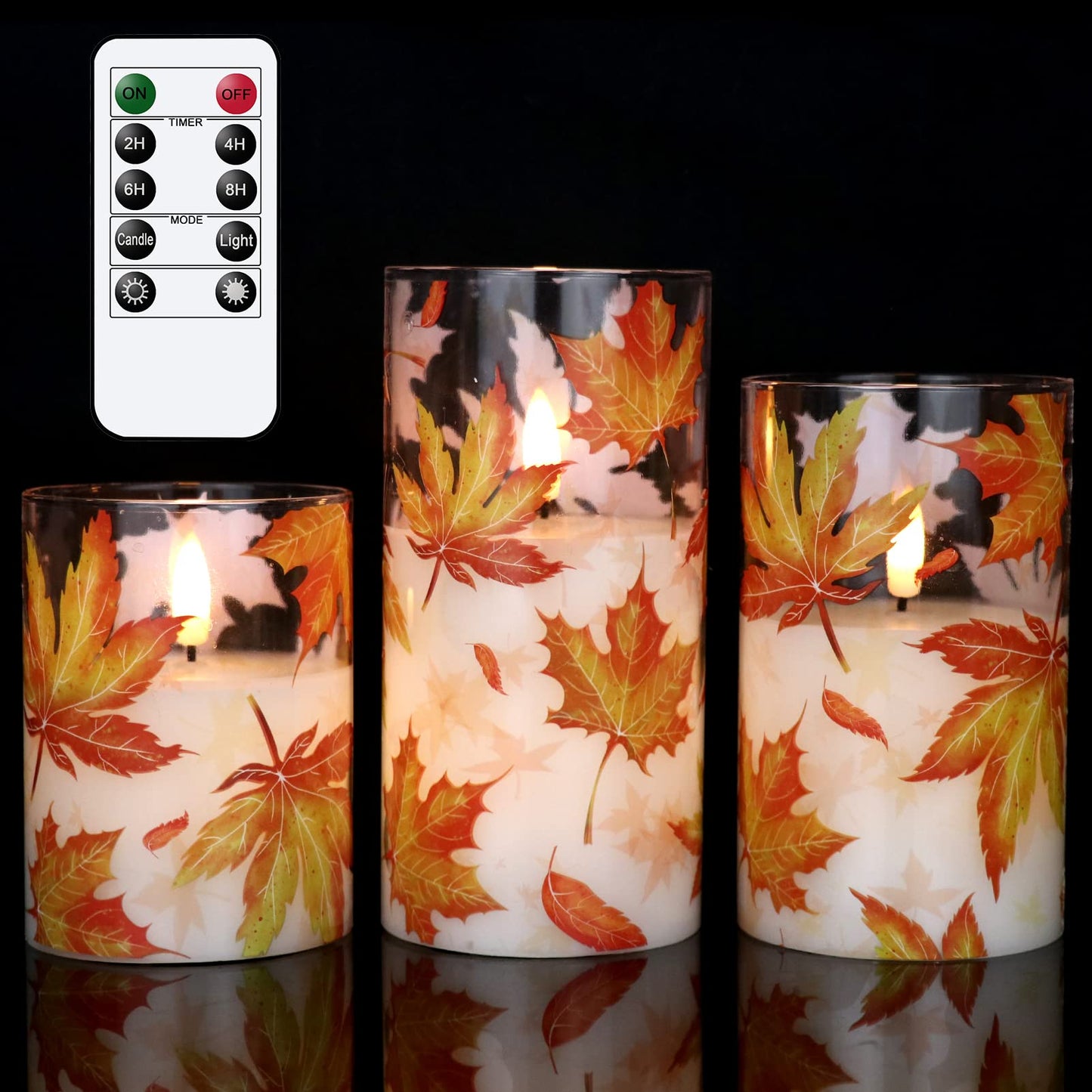 GenSwin Glass Maple Leaf Flameless Candles with Remote Timers, Battery Operated LED Flickering Candles, Real Wax Pillar Candles Christmas Wedding Decoration