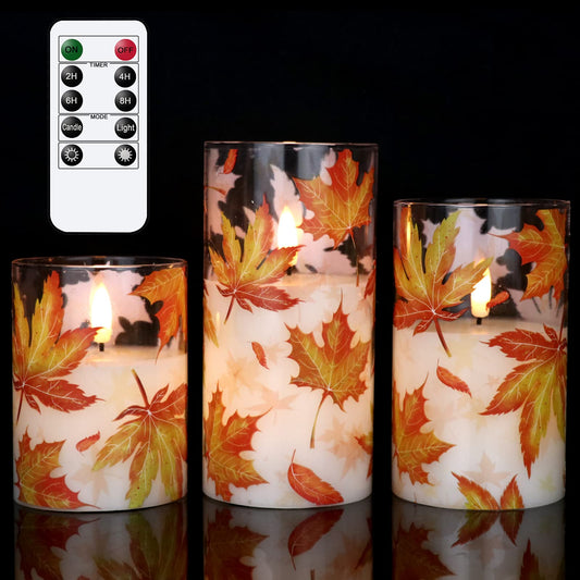 GenSwin Glass Maple Leaf Flameless Candles with Remote Timers, Battery Operated LED Flickering Candles, Real Wax Pillar Candles Christmas Wedding Decoration