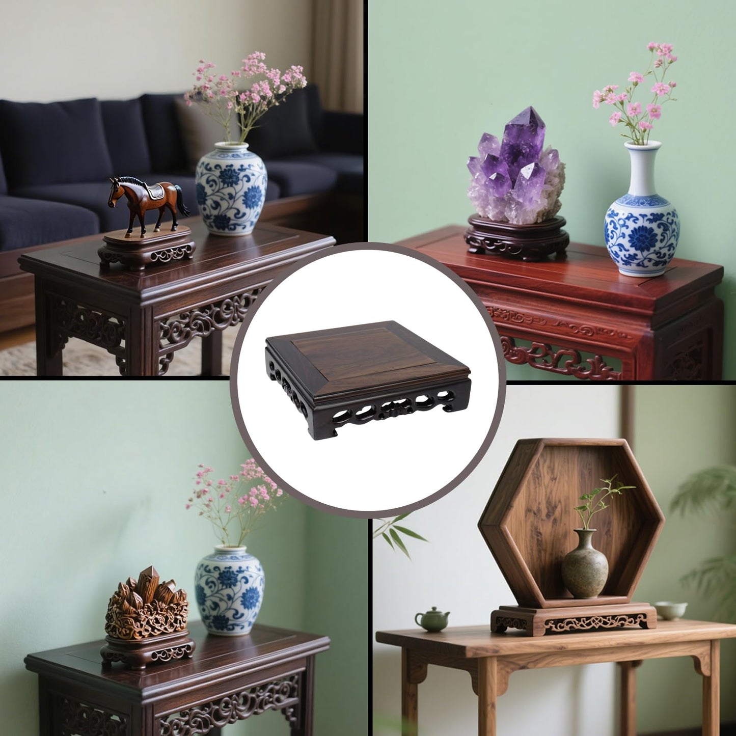 LC LICTOP Oriental Ebony Wood Display Stand, 5.5 Inch Square Wooden Pedestal Base, Carved Wood Riser for Vase, Teapot, Trophy, Fishbowl, Home Decoration