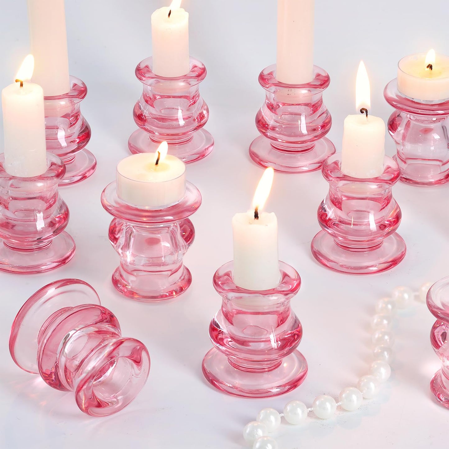 NITIME 12pcs Pink Candlestick Holders, Pink Glass Candle Holders for Pillar Candles, Taper Candle and Tealight Candles, Taper Candle Holders for Wedding, Table Centerpiece