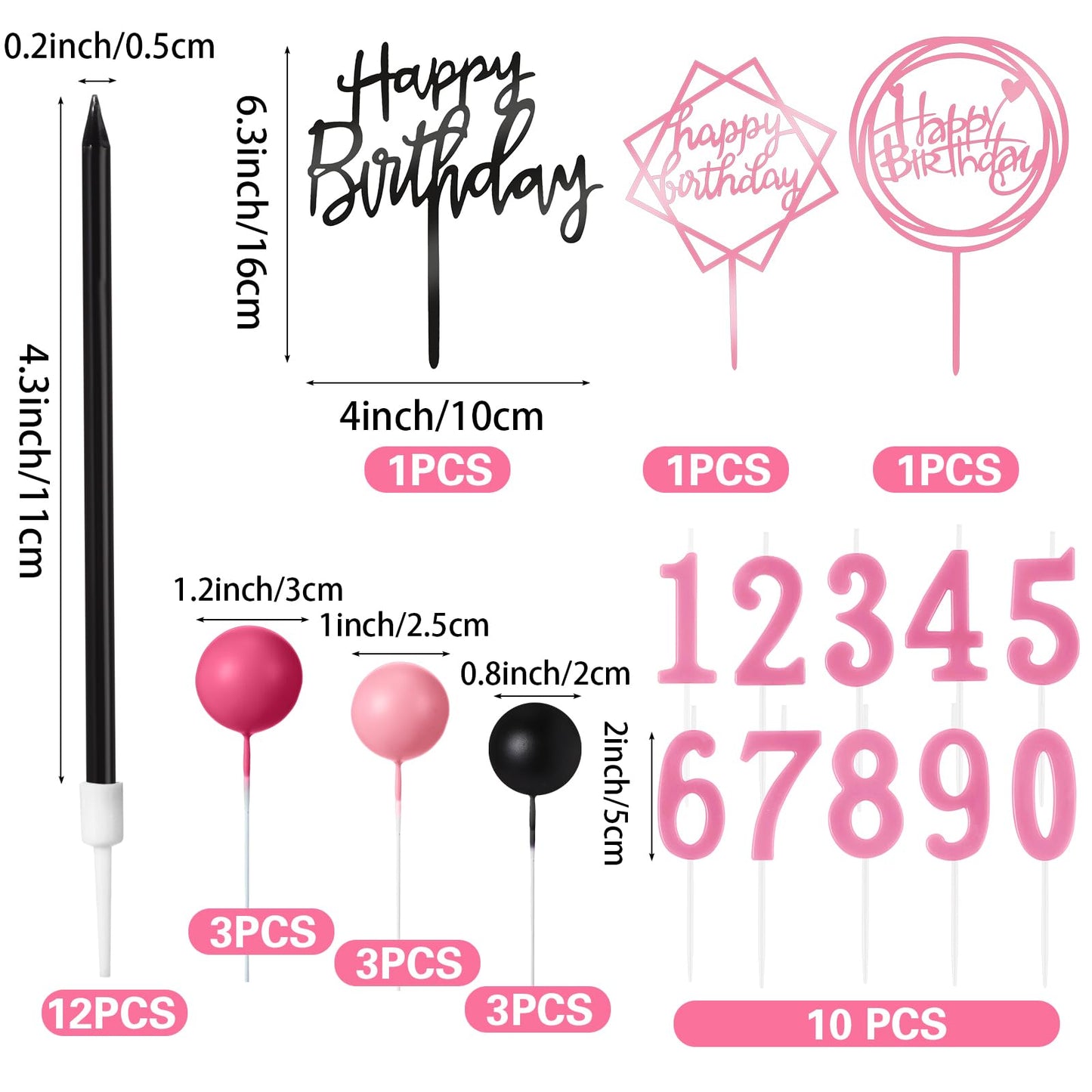 Yerliker 34 Pcs Happy Birthday Cake Toppers Decorations Birthday Candles DIY Cake Decor for Men Women Wedding Anniversary(Black Pink Rose Red)