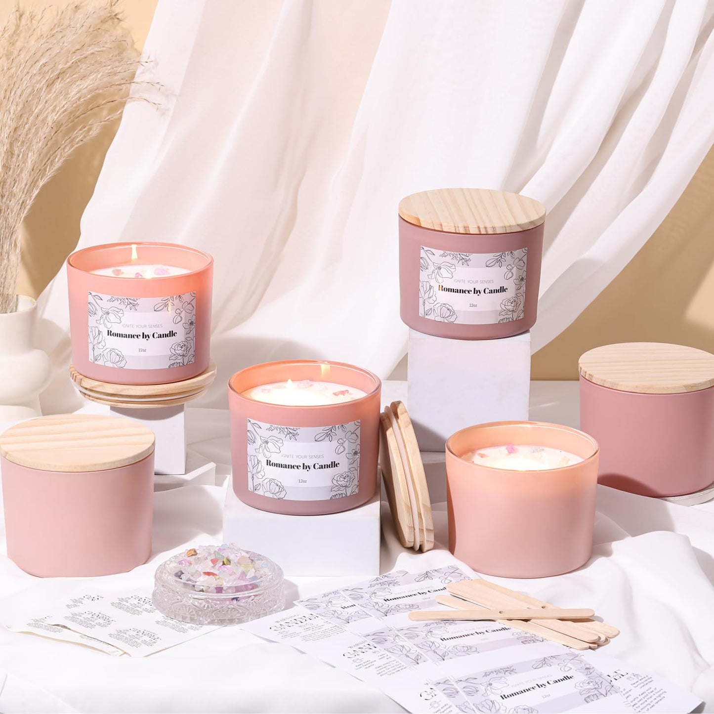 REISEN 6Pcs Assorted Pink Candle Jars for Making Candles, 12oz Empty Candle Jars with Bamboo Lids,Labels and 100g Crystal Rocks, Glass Jars for Candle Making Supplies, Candle Containers for DIY Gifts