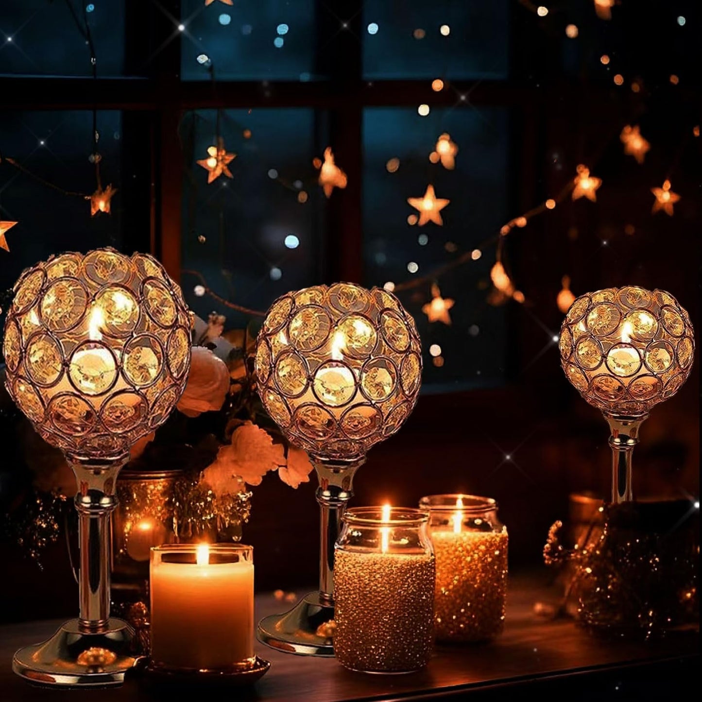 HearthLume Candle Holder Candlestick Holders- 6Set Gold Crystal Pillar Candle Holders,Metal Candlestick Stands for Wedding Centerpieces,Table Decor for Church,Valentine's Day Housewarming Gift,18Pcs