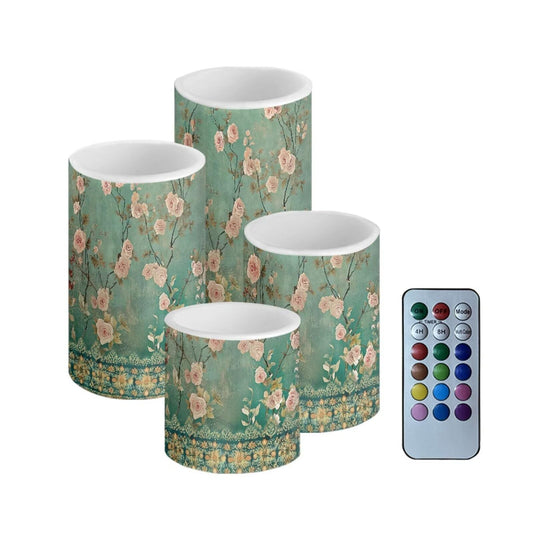 NETILGEN Flameless Candles with Remote and Timer 4 Packs Vintage Rose Blossom Green Flickering Battery Operated Candles for Home Party Decor