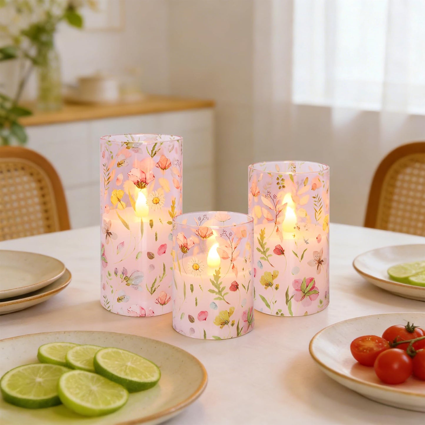 Crystal Club Flameless LED Candles with Remote Timer, Pink Floral Glass Battery Operated Candles, 3 Pack Realistic Flickering Pillar Candles for Wedding Home Centerpiece Decoration
