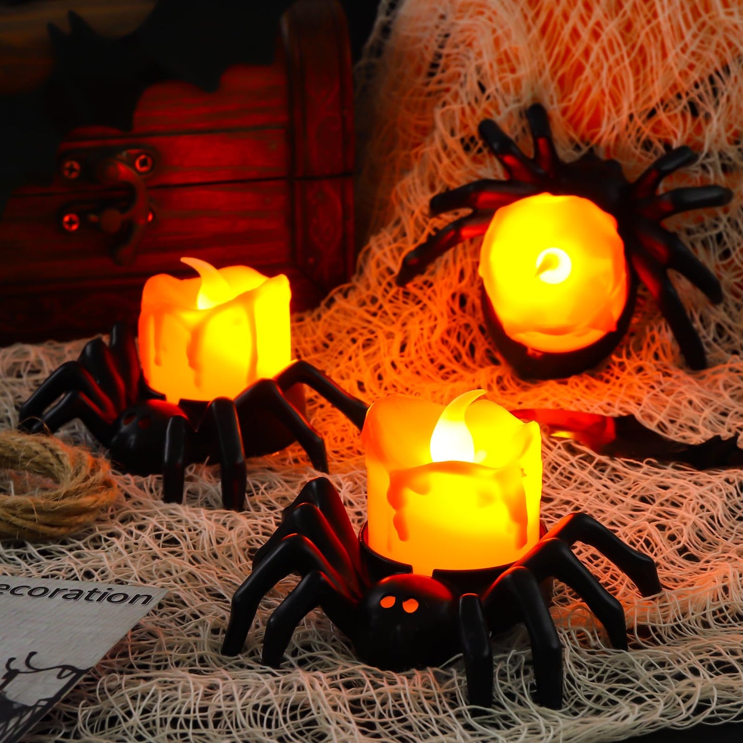 Vellibring 6PCS Halloween Spider Tea Lights Decoration, Halloween Flameless LED Candle Holder Lights Battery Operated for Halloween Party Table Home Spooky Decor (Orange)
