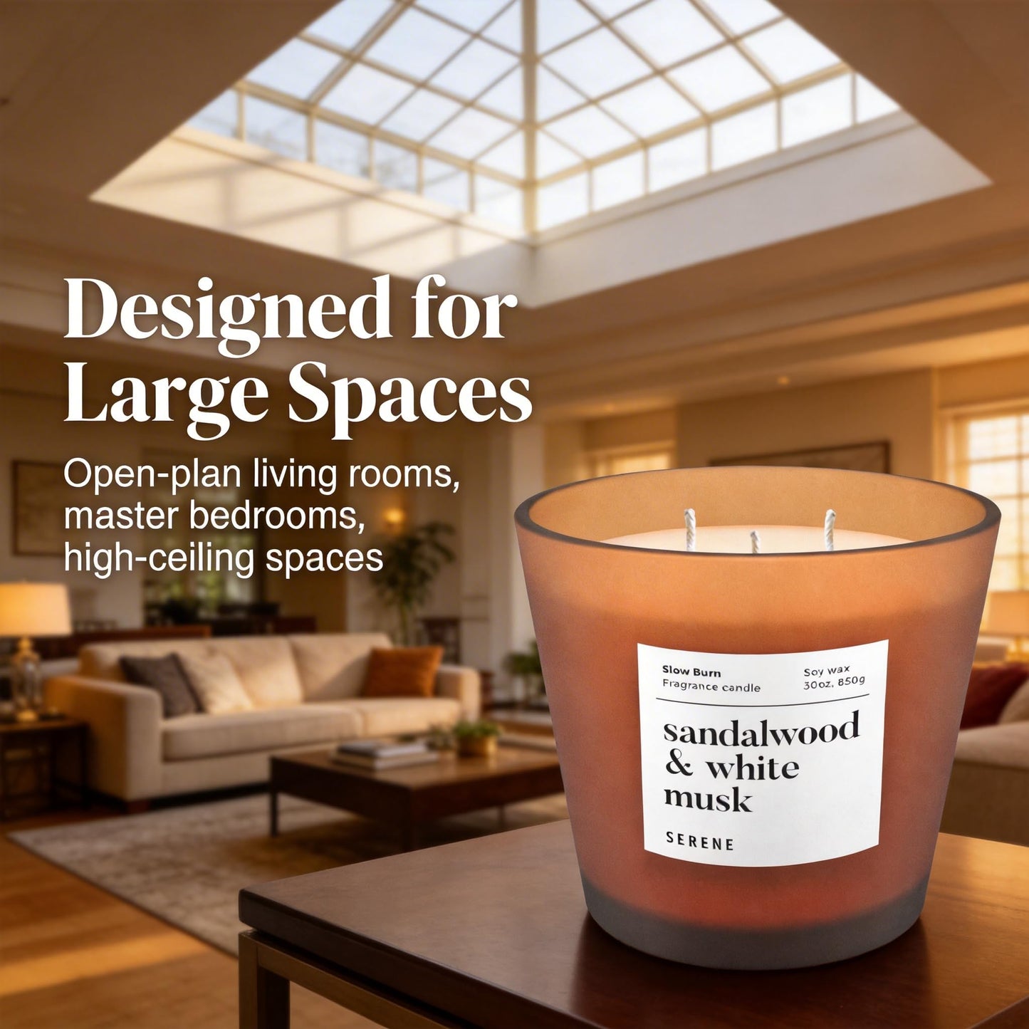 Hidden Label Sandalwood White Musk Scented Candle, 30oz Large 3 Wick Candle for Home, 120H Long Lasting Natural Soy Wax, Strong Scent Throw for Large Rooms, Non-Toxic Stress Relief Gift for Women