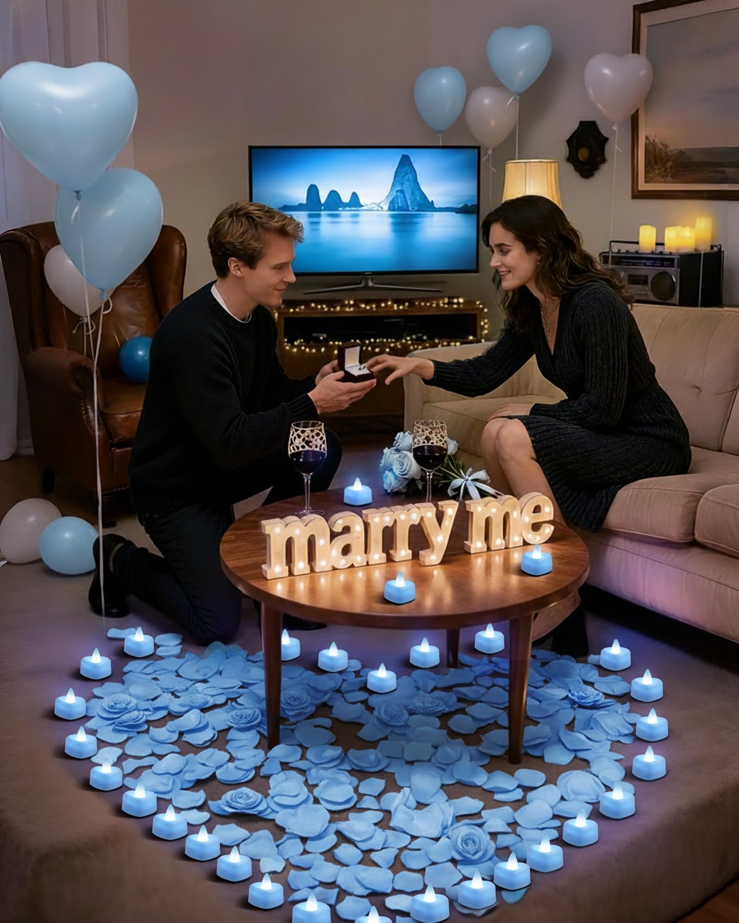Amagic 1000 Pieces Light Blue Artificial Rose Petals with 12 Light Blue LED Tea Lights, Rose Petals and Candles Set for Proposal, Anniversary, Romantic Night, Wedding Decor