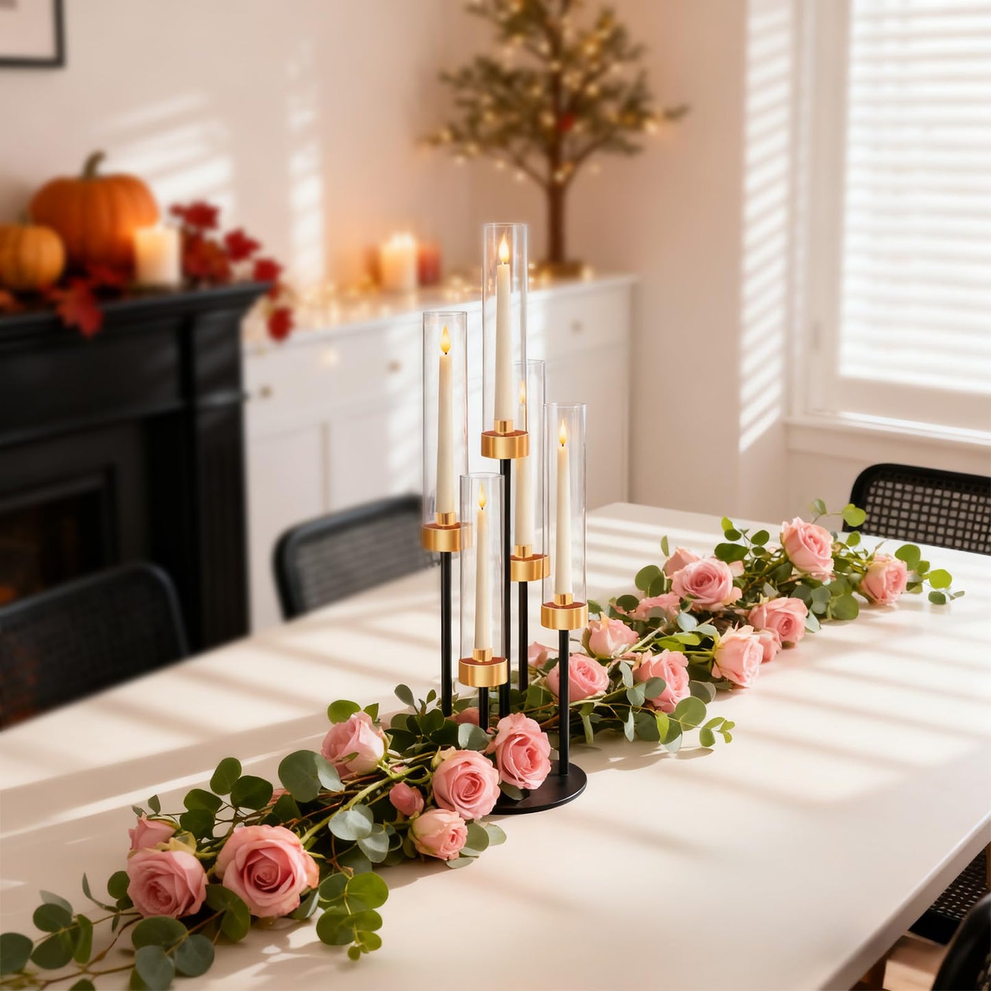 KEHAIL 2 PCS 5-Arm Black+Gold Metal Table Candelabra Centerpiece, 22" Tall Clear Acrylic Candlesticks Holder with Shade for Valentines Day Events Party Table Centerpiece,Fit LED Candles