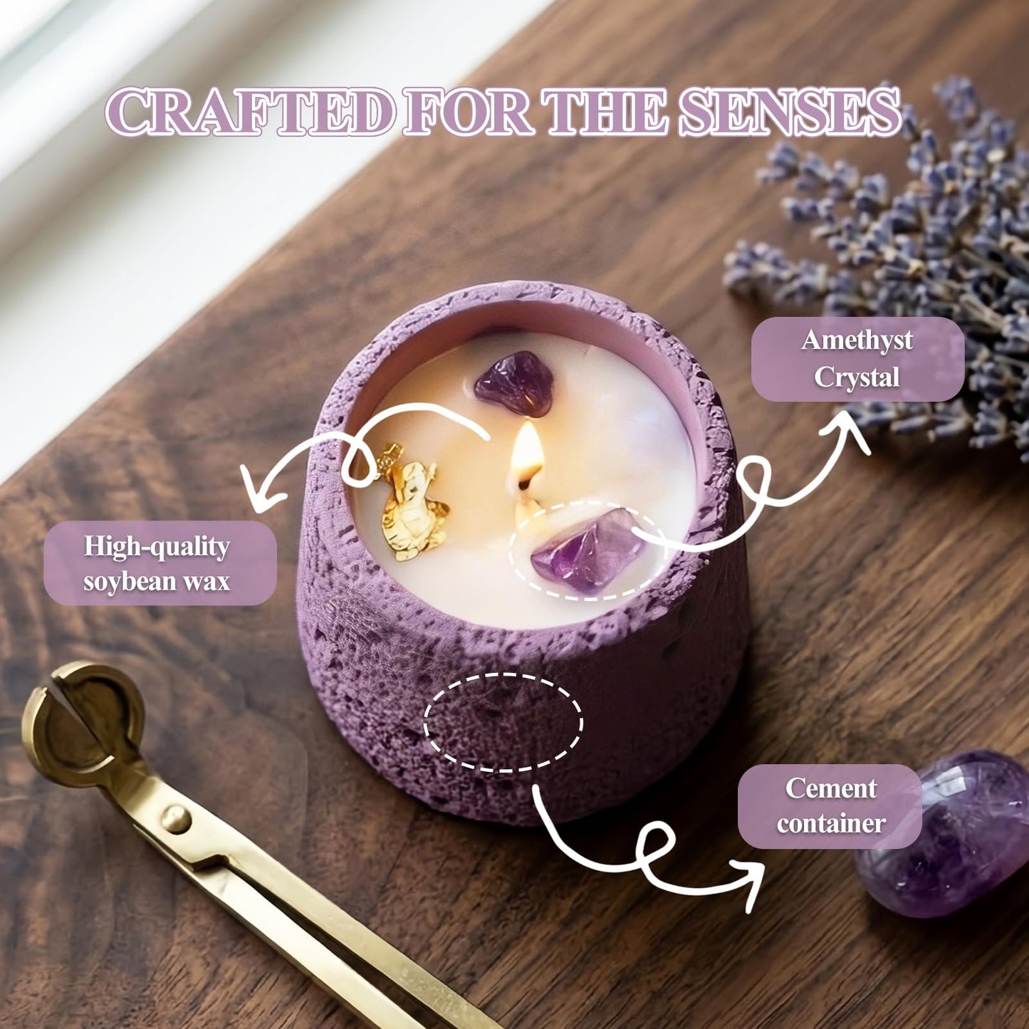 Scented Candle, Soy Candle, Non-Toxic Aroma Candles, Ebony & Rose Scented, Amethyst Crystal, Gift for Women (Net wt. 200g)