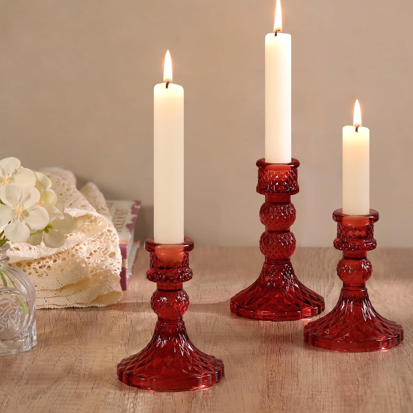DARJEN Red Glass Candlestick Holders Set of 6, 4" H & 5" H Taper Candle Holders for Candlesticks & Pillar Candles, Diamond Candle Holders for Wedding Party Table Centerpiece, Home Decor